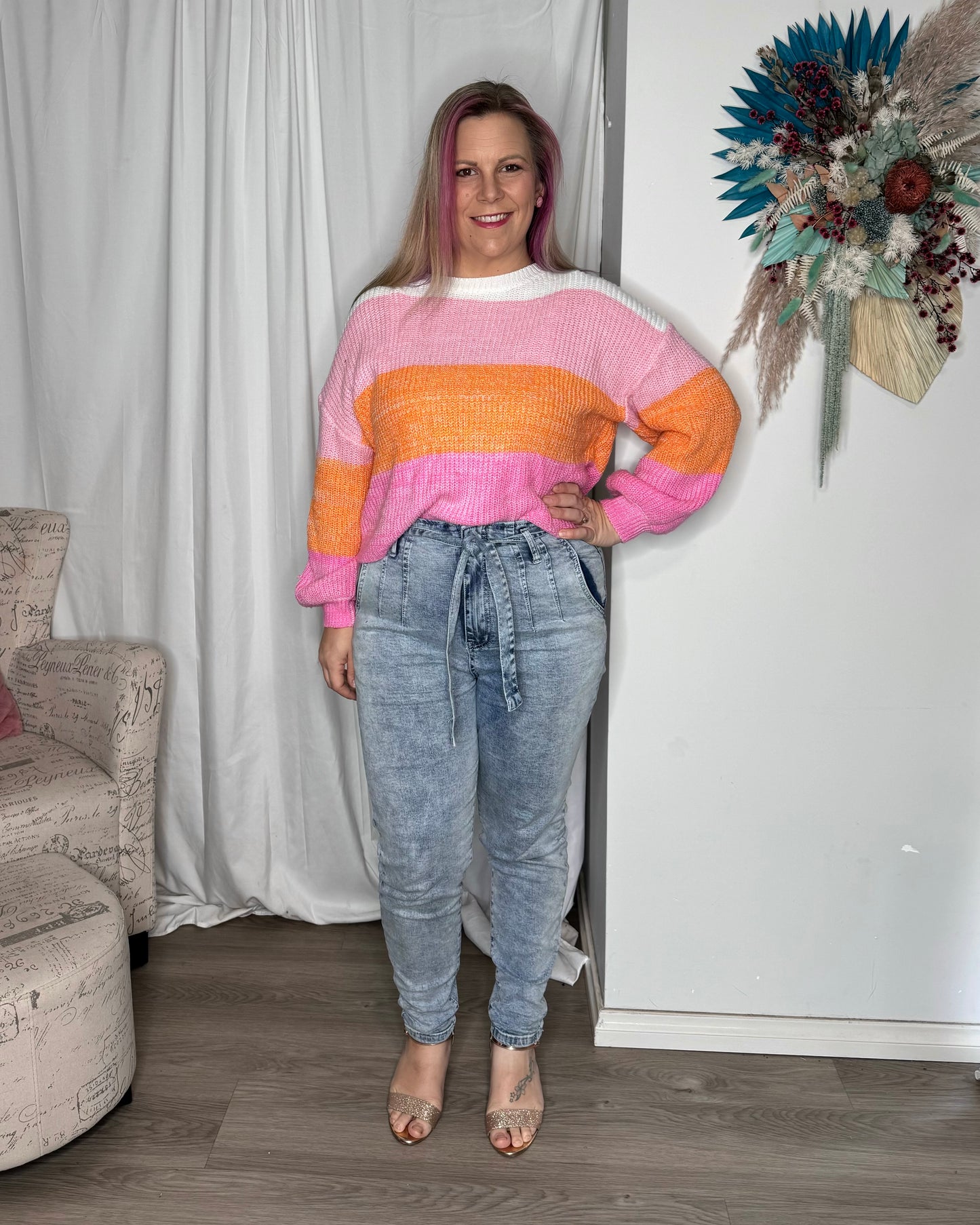 Vivien Jumper - Pink and Orange | Ebby and I | Vivien is  a semi cropped boxy knit, perfect for layering as the weather gets cooler. The hemline sits around waist height. It had balloons sleeves ending in a ribbe