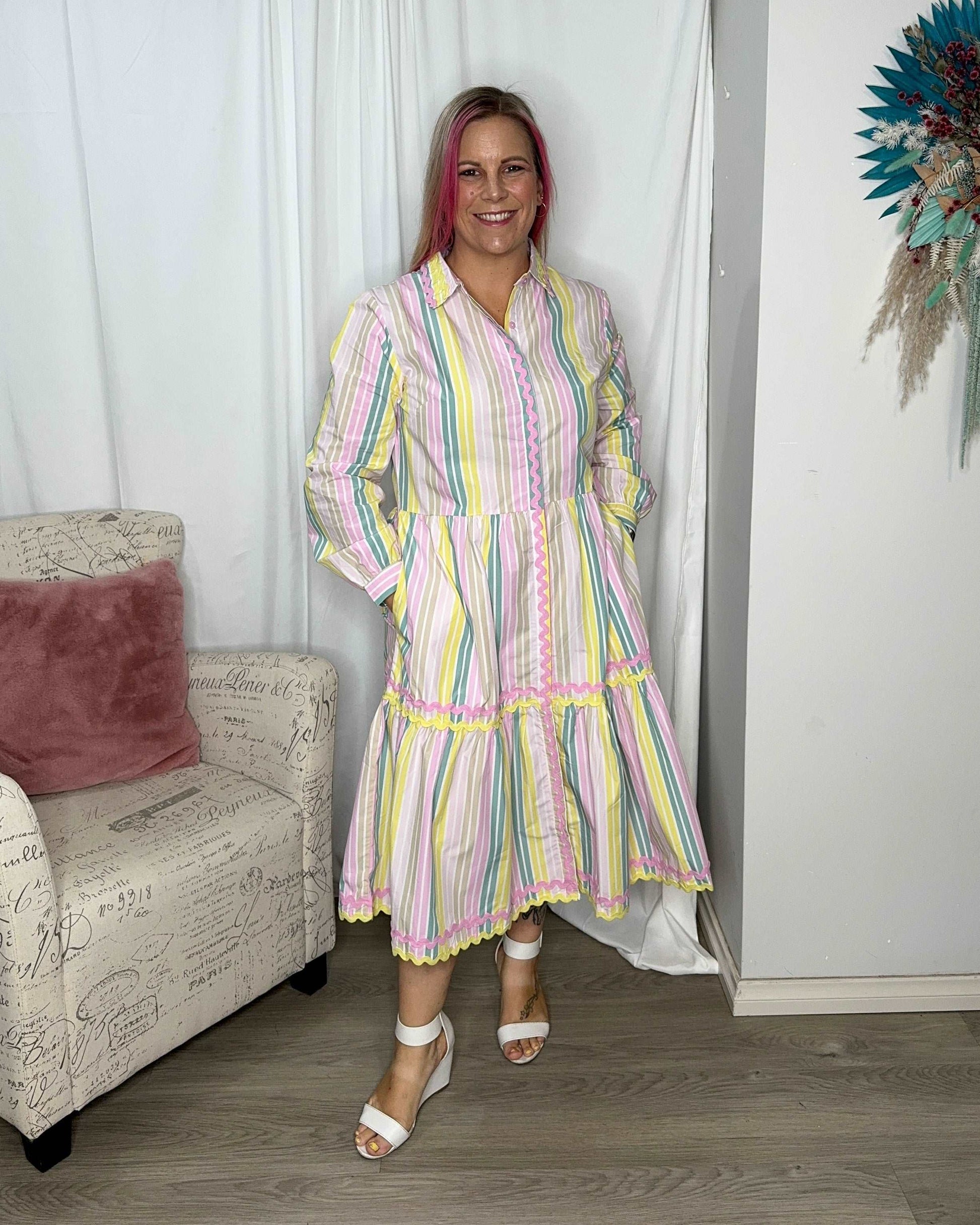 **NEW** Gelato Striped Button Down Dress | Kholo | This best selling shape is designed to skim over your curves and feel tapered but with enough #pastaspace. The Kholo favourite Button Down Dress is here in a super s