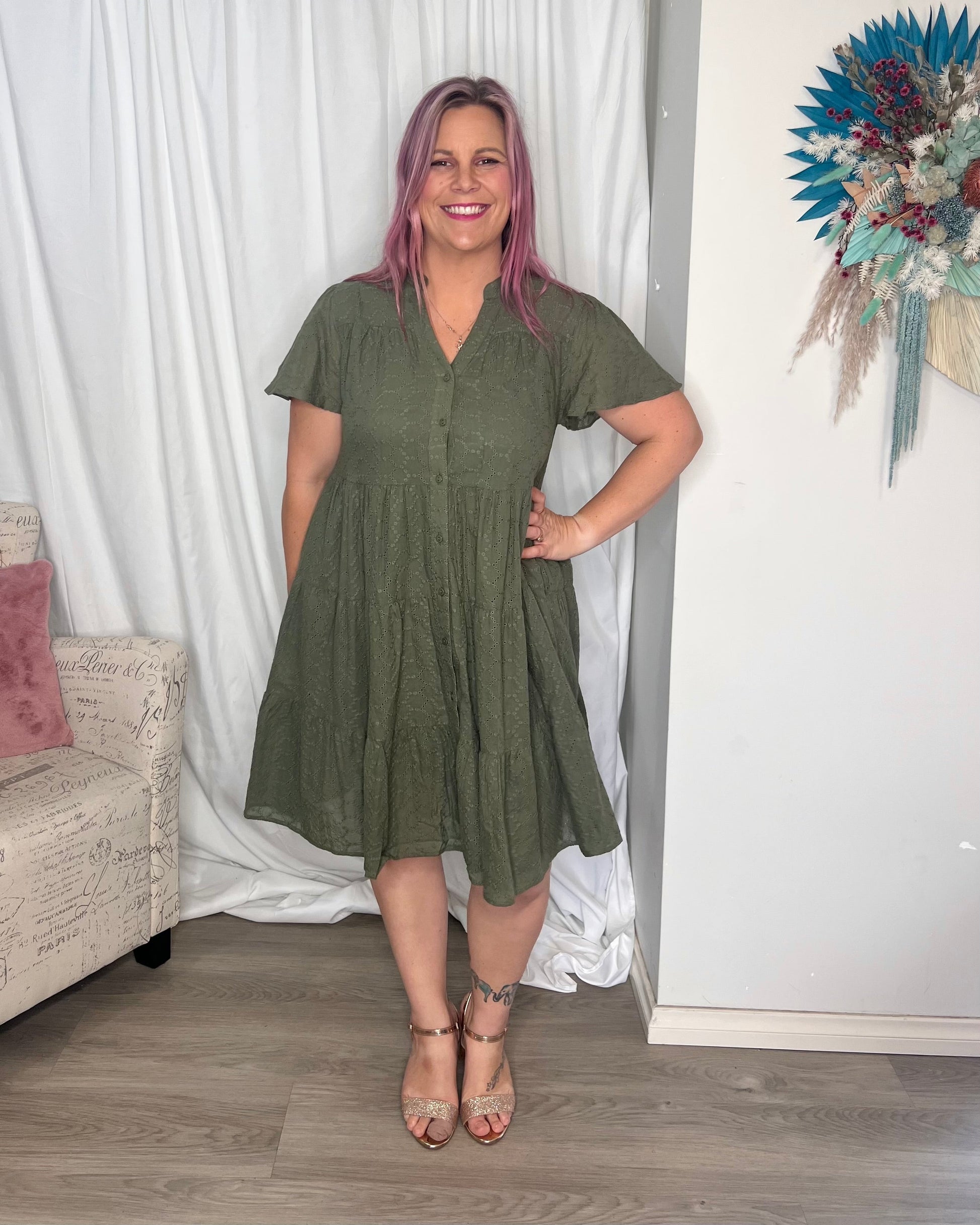 Elissa Dress - Khaki | Boho Australia | The Elissa Dress is a super cute shape with a detailed overlay giving it that little bit extra. It has buttons, making it breastfeeding friendly, and pockets!
Featur