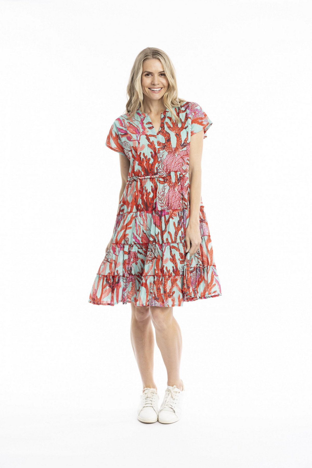 Leela V-Neck Dress - Aqua Coral