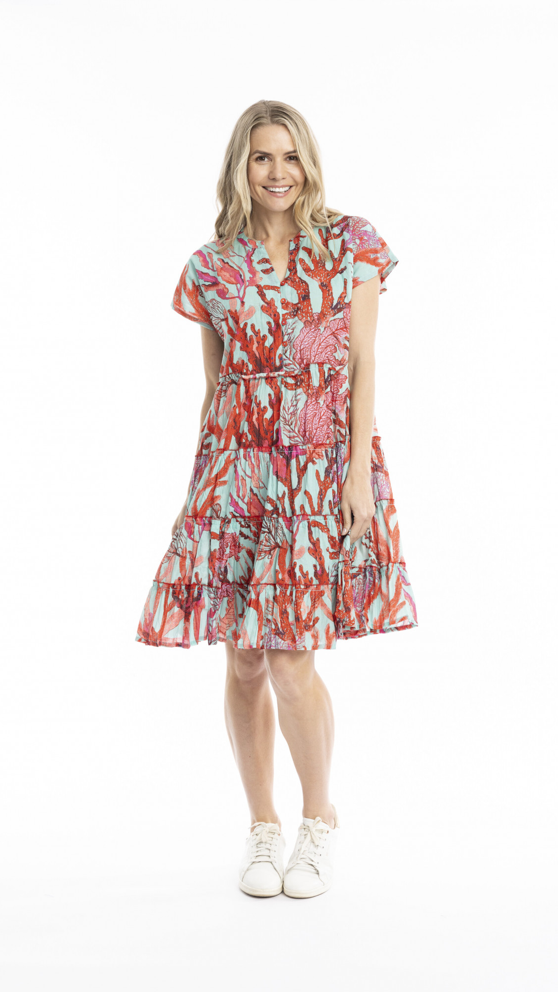 Leela V-Neck Dress - Aqua Coral
