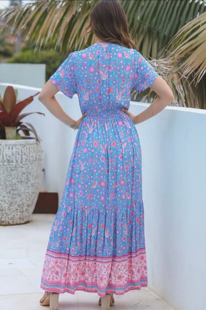 Emmy Boho Dress: The Emmy Dress features a beautiful soft songbird pattern in one of our most popular shapes. This gorgeous dress features a thick shirred waistband, functional butto - Ciao Bella Dresses 