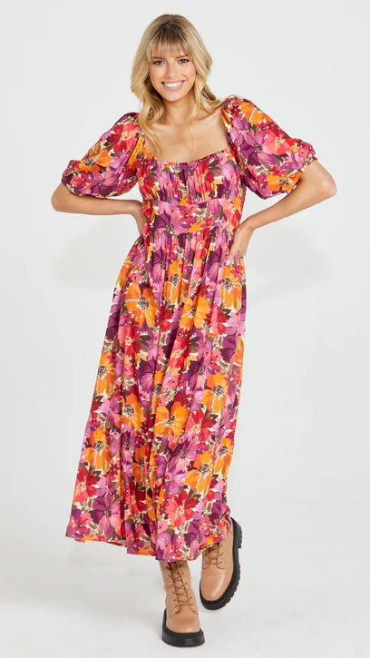 Yasmin Midi Dress - Berry Floral | Sass Clothing | Introducing the Yasmin Frill Hem Midi Dress! With its flirty frill hem and elasticated square neckline, it exudes confidence and grace. The back shirred panel ensure