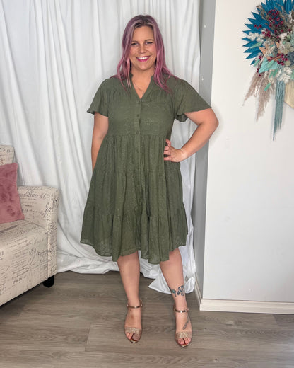 Elissa Dress - Khaki | Boho Australia | The Elissa Dress is a super cute shape with a detailed overlay giving it that little bit extra. It has buttons, making it breastfeeding friendly, and pockets!
Featur