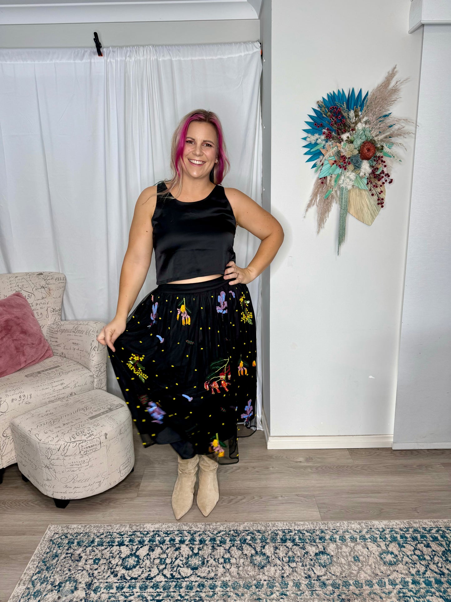 **NEW** Botanica Nights Breezy Pleats Skirt | Kholo | This may in fact be the most stunning combo around. Match your new Beaded Top with the Breezy Pleats skirt, with matching hand-embroidered botanical designs. This st