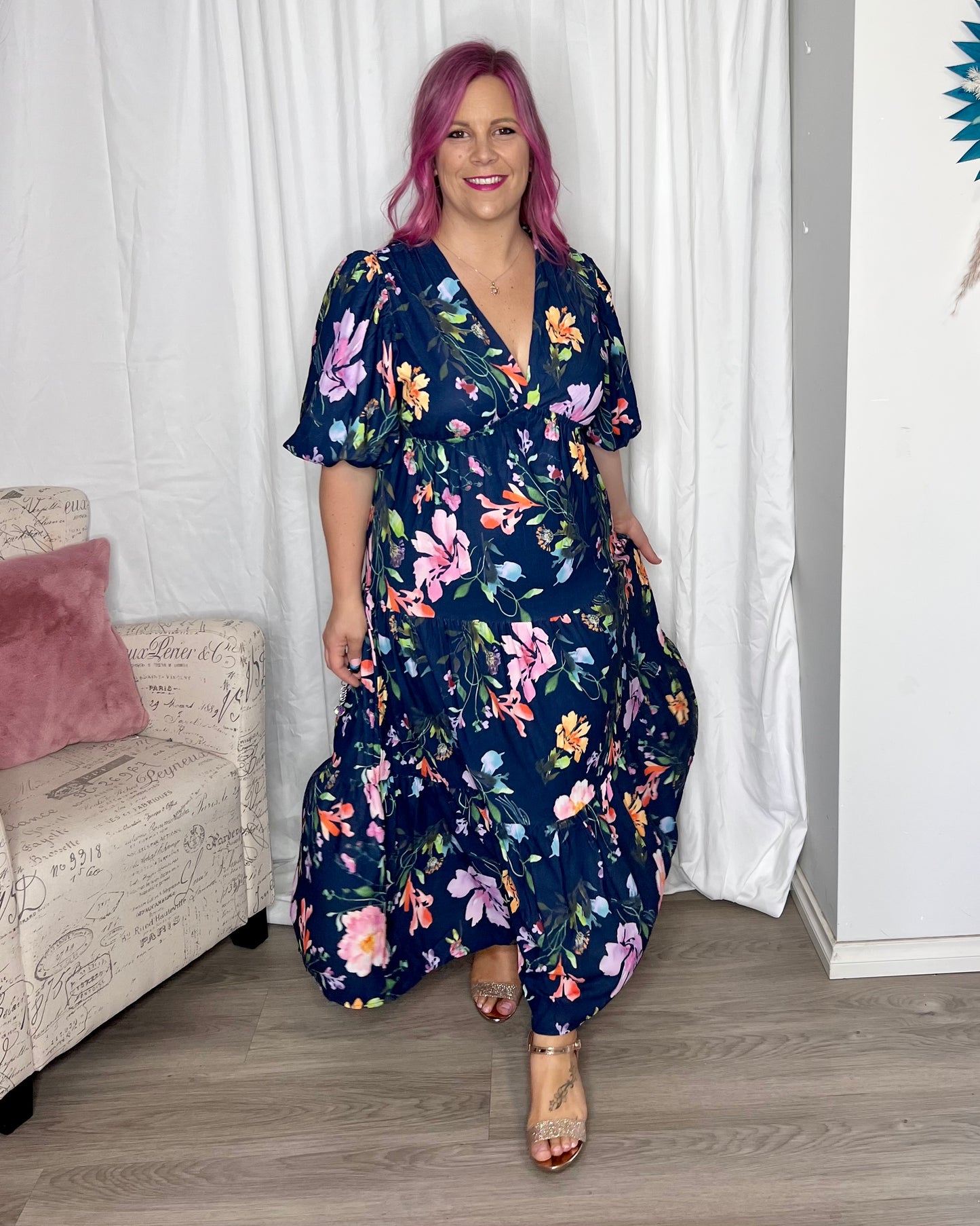 Picture Perfect Floral Midi Dress: Picture Perfect by name, Picture Perfect by nature. The stunning watercolour floral print against a navy background make this dress the picture perfect option to you - Ciao Bella Dresses - Ebby and I