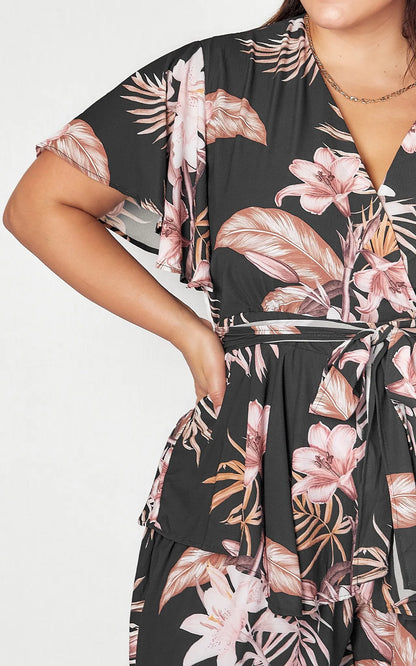 *NEW* Lynette Playsuit - Hot Pink Floral | Sao by Dee | The Lynette Playsuit features a gorgeous V neckline, attached waist tie to tie to the front and a tiered ruffle overlay on the bottom half. A reason to love a playsu