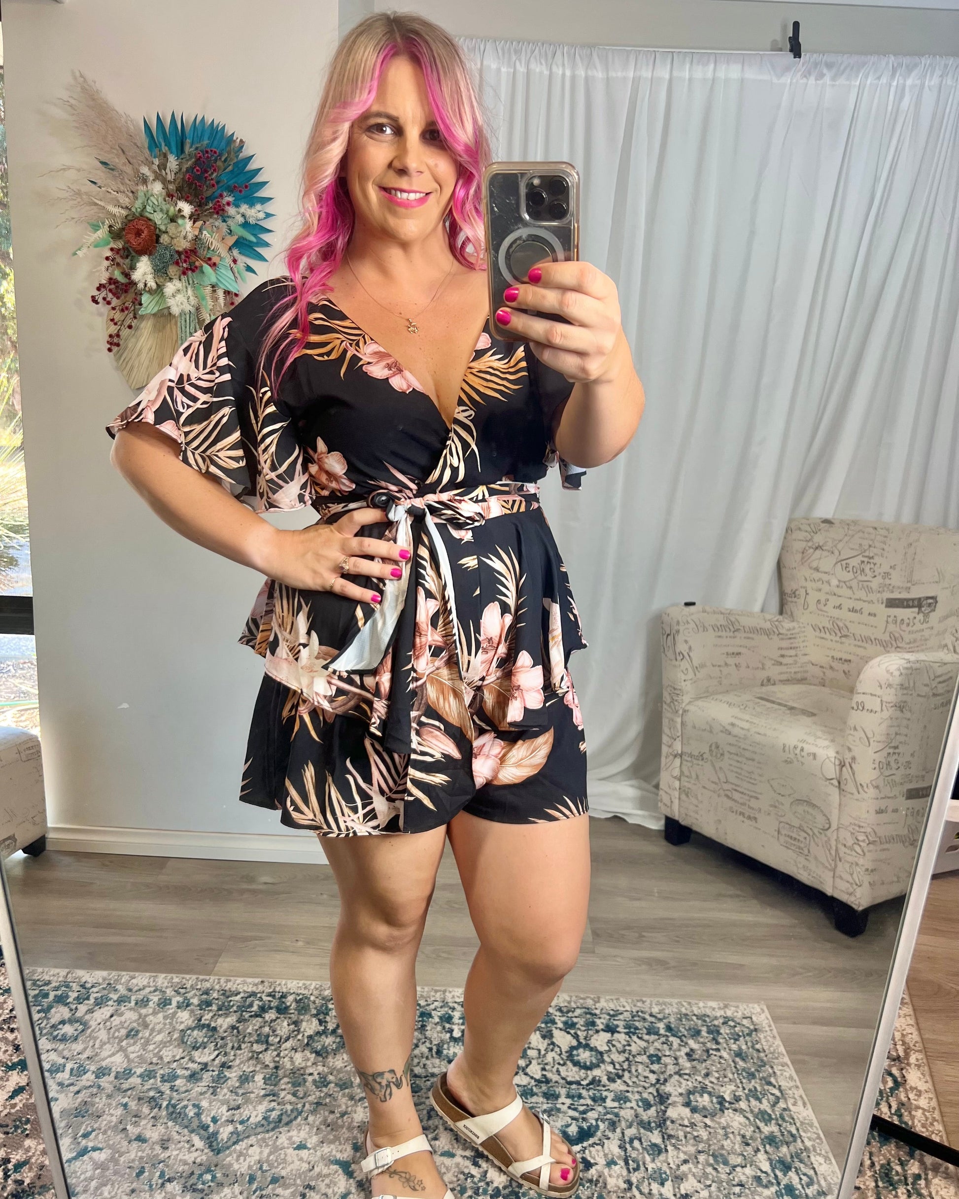 *NEW* Lynette Playsuit - Hot Pink Floral | Sao by Dee | The Lynette Playsuit features a gorgeous V neckline, attached waist tie to tie to the front and a tiered ruffle overlay on the bottom half. A reason to love a playsu