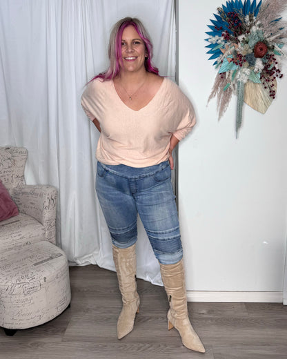 Moto Panel Jeans by Wakee - Light Wash | Wakee Denim | The ultimate in comfort. With the look of jeans but the comfort of leggings, you won’t want to take these off! With a comfortable and stretchy fit, these jeans allow