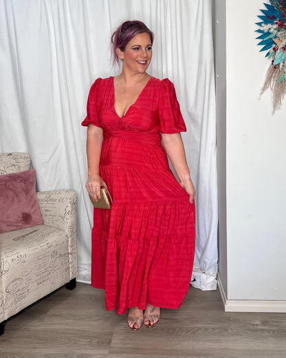 Natalia Crossover Dress: The Natalia Dress is ready for your next cocktail event. It is a long midi dress with a full tiered skirt with plenty of swish. The bodice is a low V cut, with a hoo - Ciao Bella Dresses - Roseason