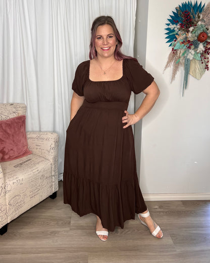 Yasmin Frill Hem Midi Dress: Introducing the Yasmin Frill Hem Midi Dress! With its flirty frill hem and elasticated square neckline, it exudes confidence and grace. The back shirred panel ensure - Ciao Bella Dresses - Sass Clothing