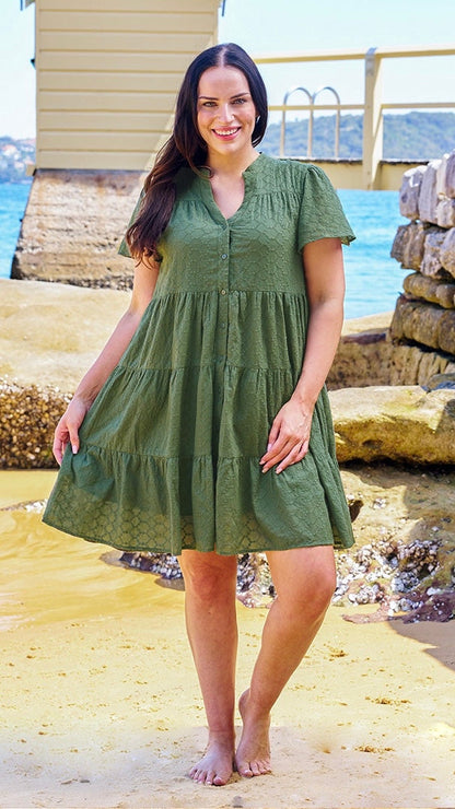 Elissa Dress - Khaki | Boho Australia | The Elissa Dress is a super cute shape with a detailed overlay giving it that little bit extra. It has buttons, making it breastfeeding friendly, and pockets!
Featur