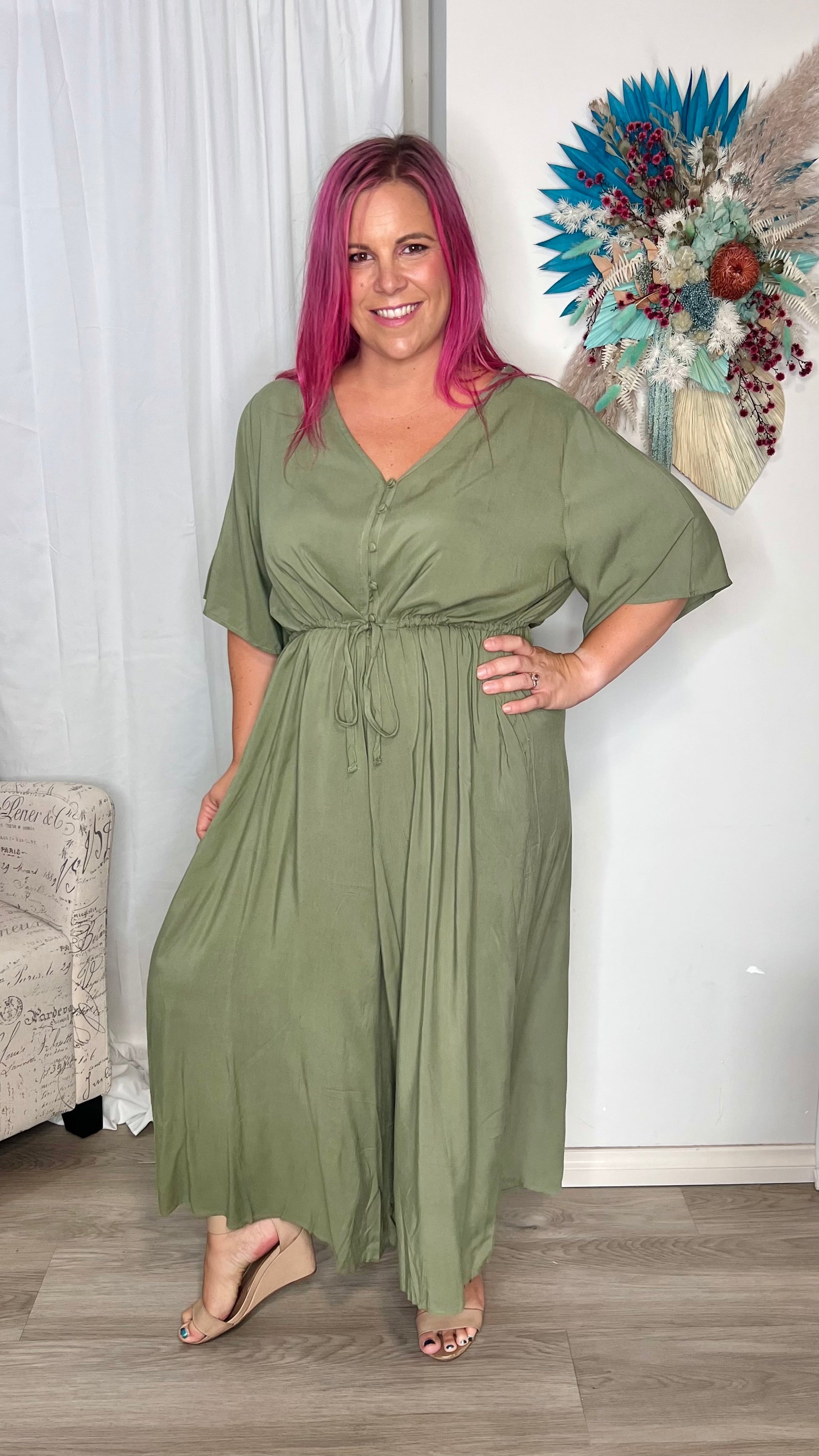 Morgan Jumpsuit - Khaki | Peach the Label | Super fun, super floaty and creates an instant one-item outfit! We love how easy to wear this jumpsuit is with its versatile fit - cinch it in as much or as little a
