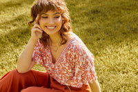 **NEW** Ashley V-Neck Top: Elevate your casual chic with the Ashley V-Neck Top! Designed for a relaxed fit, this top features a flattering V neckline and playful fluted short sleeves for a tou - Ciao Bella Dresses - Sass Clothing