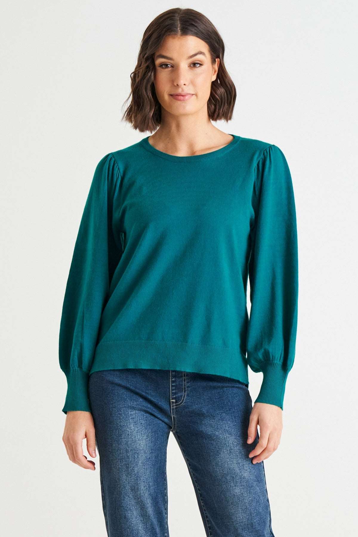 **NEW** Charlotte Knit Jumper - Teal | Betty Basics | This relaxed fit jumper features a crew neckline and unique balloon sleeves, perfect for adding some pizazz to your autumn wardrobe. Made from the softest material, 