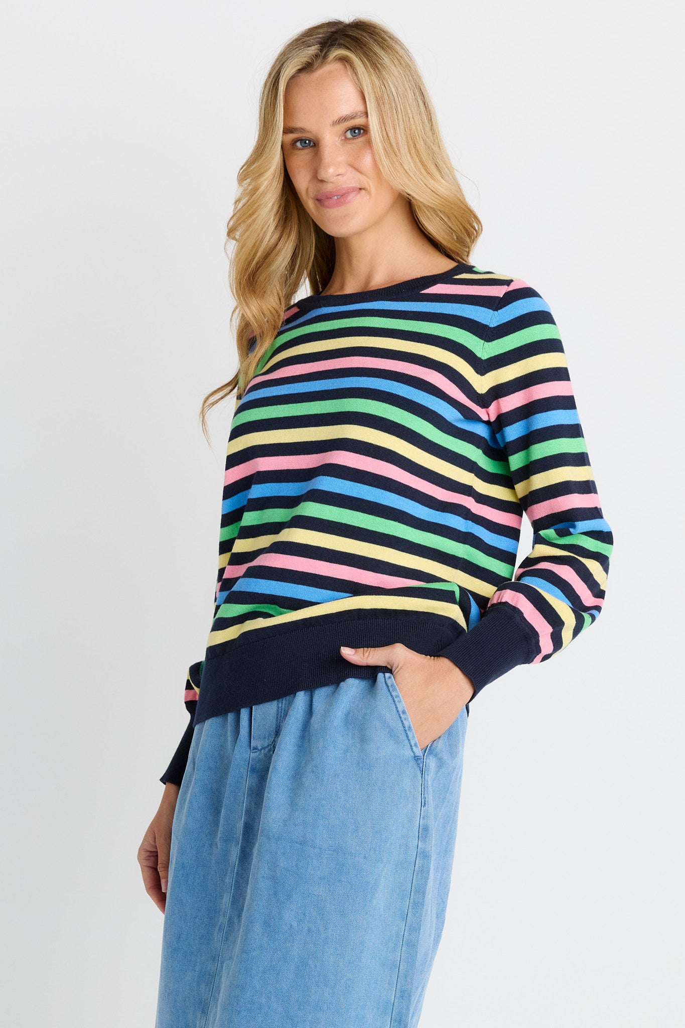 Indie Knit Sweater - Rainbow Navy Stripe