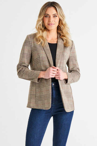 *NEW* Portsea Stretch Blazer - Mocha Plaid | Betty Basics | It doesn't get more classic than this versatile layering piece. We call it the Goldilocks of blazers: not too big, not too small and structured enough to wear over a