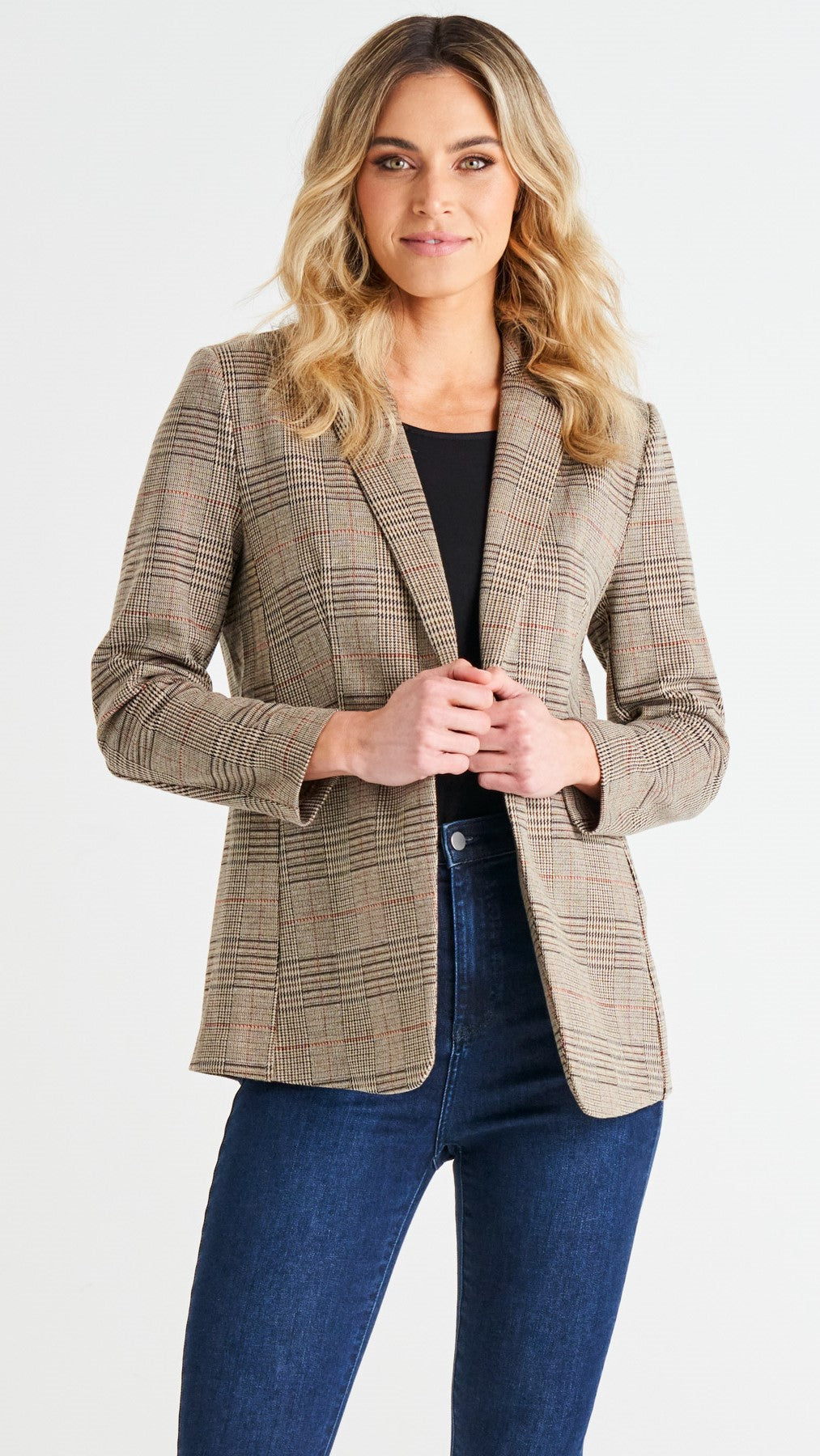 *NEW* Portsea Stretch Blazer - Mocha Plaid | Betty Basics | It doesn't get more classic than this versatile layering piece. We call it the Goldilocks of blazers: not too big, not too small and structured enough to wear over a