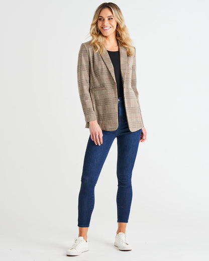 *NEW* Portsea Stretch Blazer - Mocha Plaid | Betty Basics | It doesn't get more classic than this versatile layering piece. We call it the Goldilocks of blazers: not too big, not too small and structured enough to wear over a