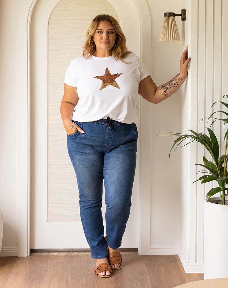 Melissa Jogger Jeans: Meet Melissa our classic jogger jean. The perfect on-the-go style providing comfort whilst still keeping you totally stylish. Enjoy the soft denim &amp; elastic wais - Ciao Bella Dresses - Bee Maddison