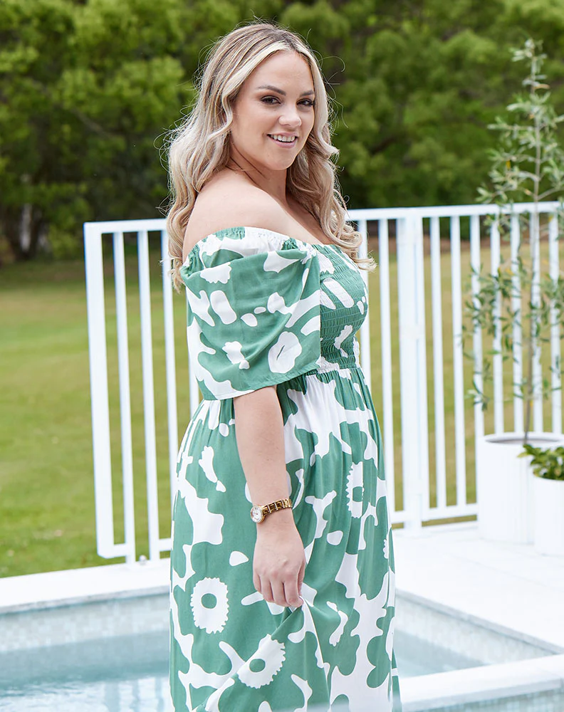**NEW** Shae Midi Dress: Stand-out in Shae, our new midi dress design in green &amp; white floral print. A square cut neckline, shirred bodice and flutter sleeve are beautifully complimented - Ciao Bella Dresses 