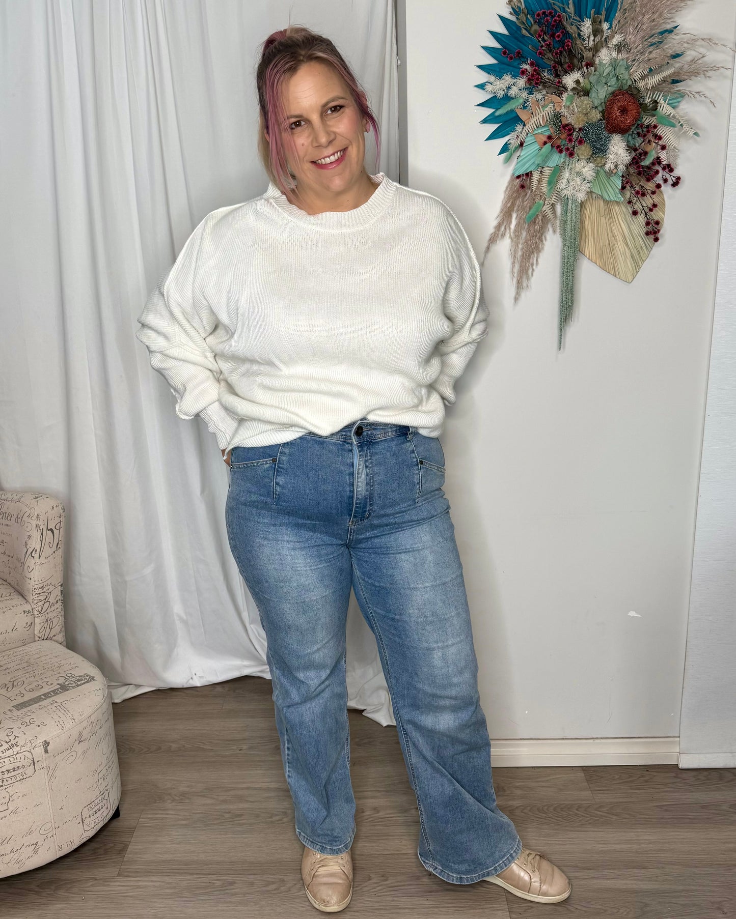 Marly Wide Leg Jeans | Wakee Denim | These high waisted, wide legged straight cut jeans are right on trend and super comfy. The waist band is a high cut and sits above the belly button. The stretch deni