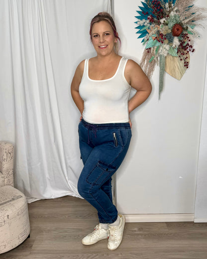 **PREORDER** Detroit Cargo Pants - Navy Wash | Ciao Bella Dresses | Casual comfort never looked this good. The Detroit Cargo’s are a functional piece that will be on high rotation in your wardrobe. With functional front and side pock