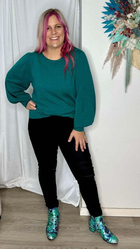 **NEW** Charlotte Knit Jumper - Teal | Betty Basics | This relaxed fit jumper features a crew neckline and unique balloon sleeves, perfect for adding some pizazz to your autumn wardrobe. Made from the softest material, 