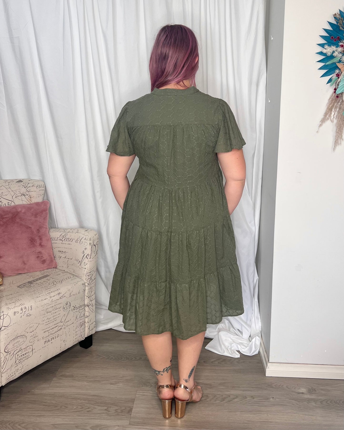 Elissa Dress - Khaki | Boho Australia | The Elissa Dress is a super cute shape with a detailed overlay giving it that little bit extra. It has buttons, making it breastfeeding friendly, and pockets!
Featur