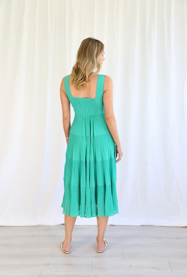 Brynn Dress | Salty Brights | Swirl your way to your next event in the super fresh Brynn Dress. This midi is a stunning shape featuring a gathered bust, flat waistband and a tiered skirt that was