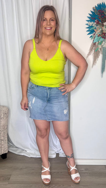 Kate V-Neck Tank - Lime | Sass Clothing | Introducing the Kate V-Neck Tank, your new favorite for a stylish and comfortable look. With a flattering V-neck, wide straps, and bust dart detail, this tank effort