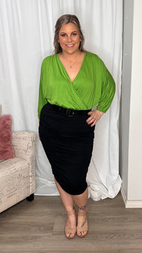 Bayeaux Wrap Top - Green | Betty Basics | The Bayeaux Top combines a classic shape with a comfortable fit, making this the go to when pairing with your fave bottoms
Features:

Faux wrap (breastfeeding friend