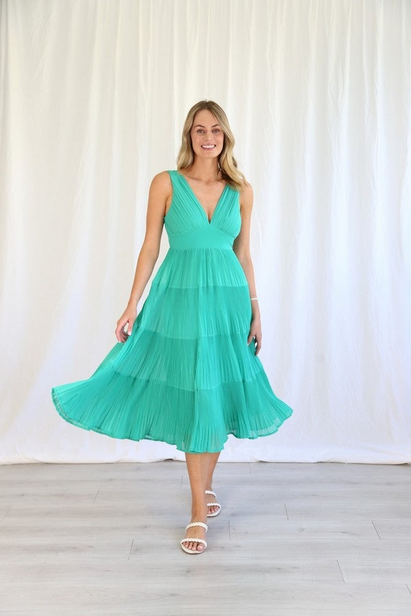 Brynn Dress: Swirl your way to your next event in the super fresh Brynn Dress. This midi is a stunning shape featuring a gathered bust, flat waistband and a tiered skirt that was - Ciao Bella Dresses 