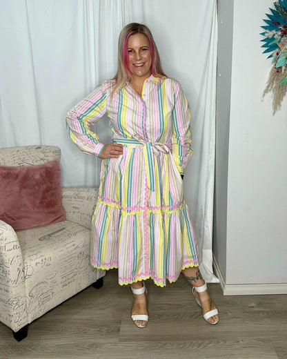 **NEW** Gelato Striped Button Down Dress | Kholo | This best selling shape is designed to skim over your curves and feel tapered but with enough #pastaspace. The Kholo favourite Button Down Dress is here in a super s