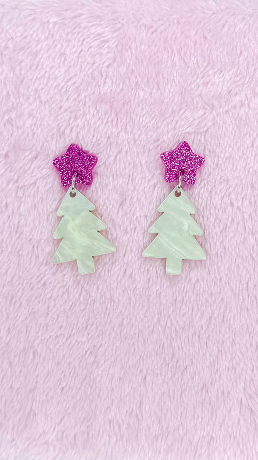 KT Christmas Tree Mini Earrings - KT486 - Mint Swirl with Pink Glitter