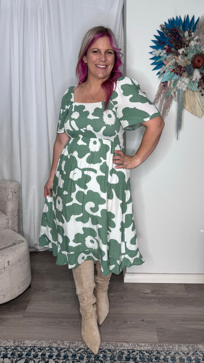 *Shae Midi Dress | Bee Maddison | Stand-out in Shae, our new midi dress design in green &amp; white floral print. A square cut neckline, shirred bodice and flutter sleeve are beautifully complimented