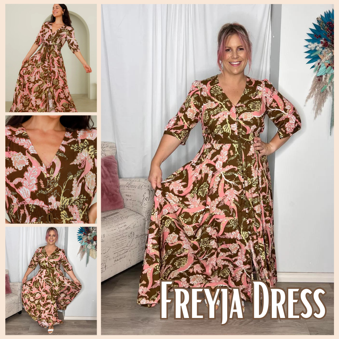 *NEW* Freyja Maxi Dress | Dreamcatcher | 
The Freyja Dress features a perfect mix of chocolate and pink in a soft floral print, to bring a new colourway to our most popular style dress (Bailey!)
Features:

