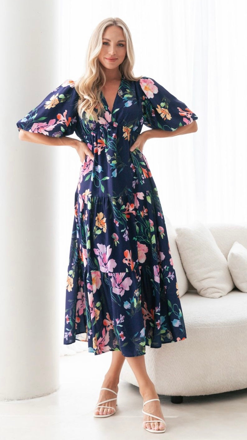 Picture Perfect Floral Midi Dress: Picture Perfect by name, Picture Perfect by nature. The stunning watercolour floral print against a navy background make this dress the picture perfect option to you - Ciao Bella Dresses - Ebby and I