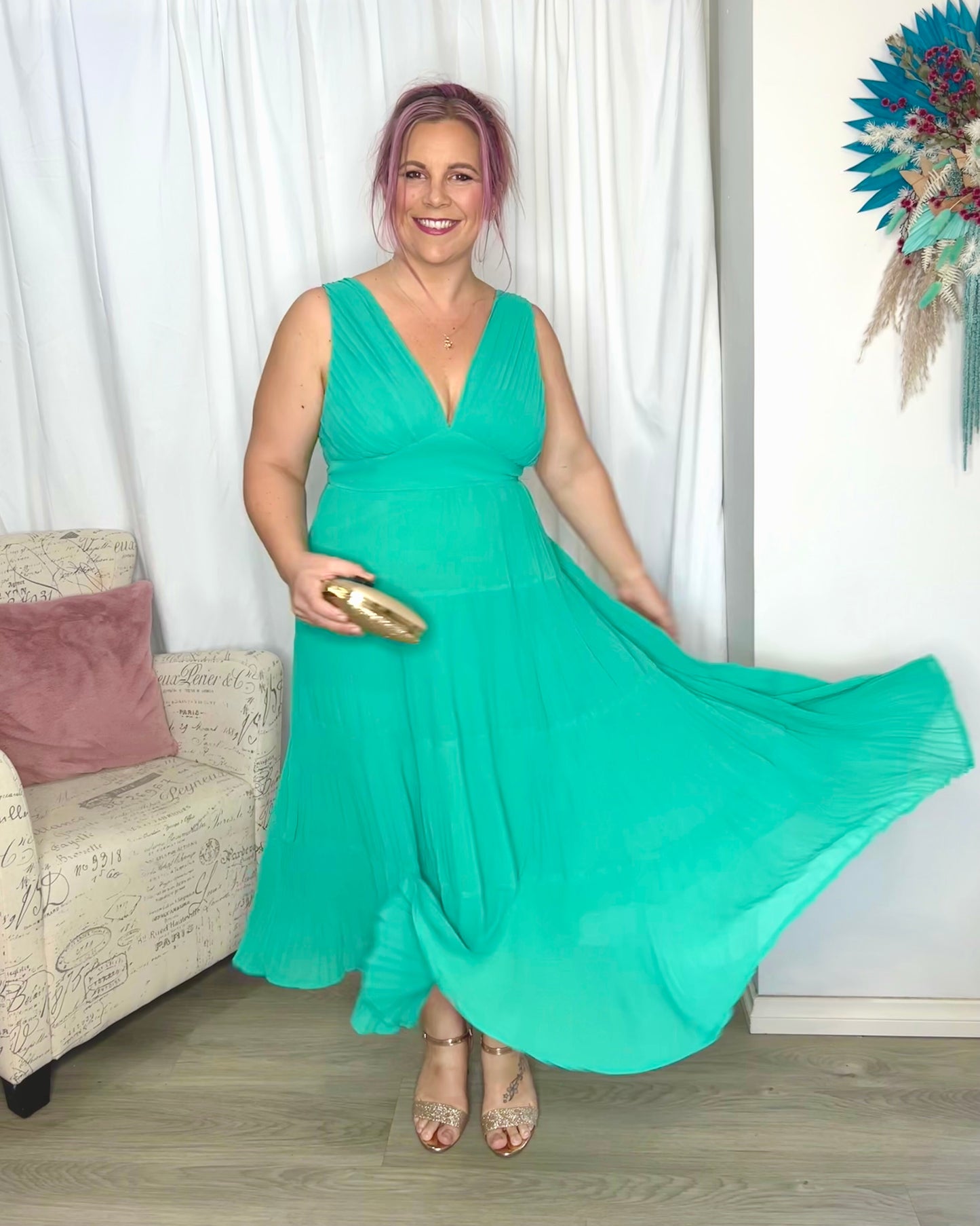 Brynn Dress | Salty Brights | Swirl your way to your next event in the super fresh Brynn Dress. This midi is a stunning shape featuring a gathered bust, flat waistband and a tiered skirt that was