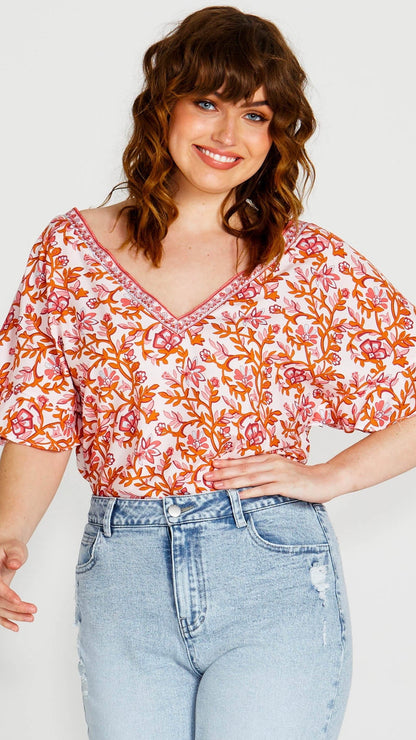 **NEW** Ashley V-Neck Top: Elevate your casual chic with the Ashley V-Neck Top! Designed for a relaxed fit, this top features a flattering V neckline and playful fluted short sleeves for a tou - Ciao Bella Dresses - Sass Clothing