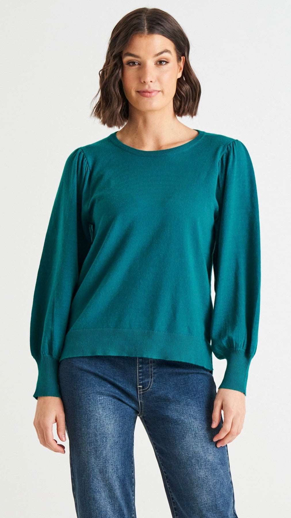 **NEW** Charlotte Knit Jumper - Teal | Betty Basics | This relaxed fit jumper features a crew neckline and unique balloon sleeves, perfect for adding some pizazz to your autumn wardrobe. Made from the softest material, 