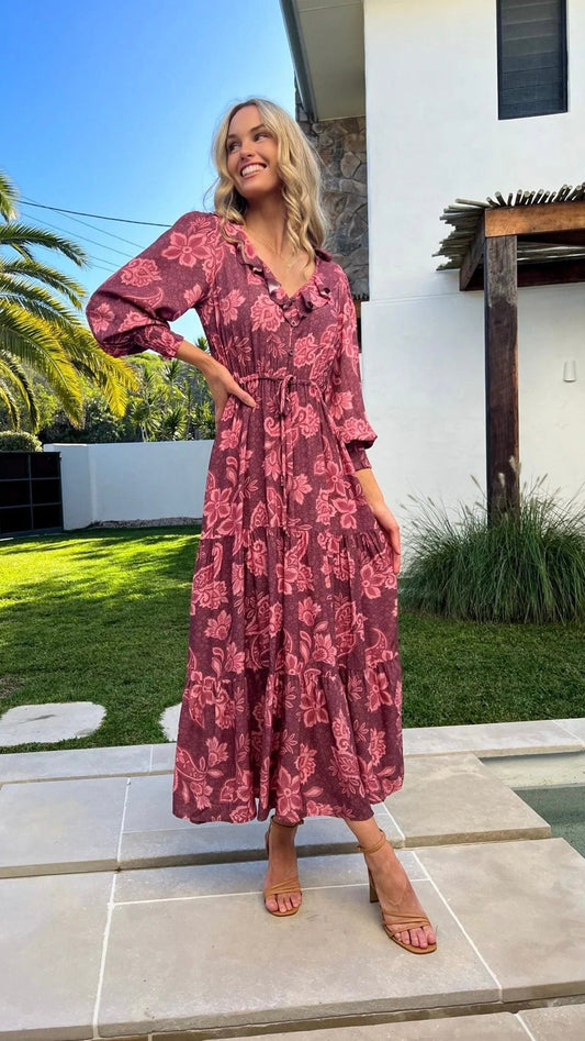 *NEW* Karolina Maxi Dress - Wine | Mylk the Label | Elegant and romantic, the Karolina Frill Maxi Dress is your go to for your next event. 
Features:

Frill collar detail
Long elasticated cuff sleeves
Drawstring waist