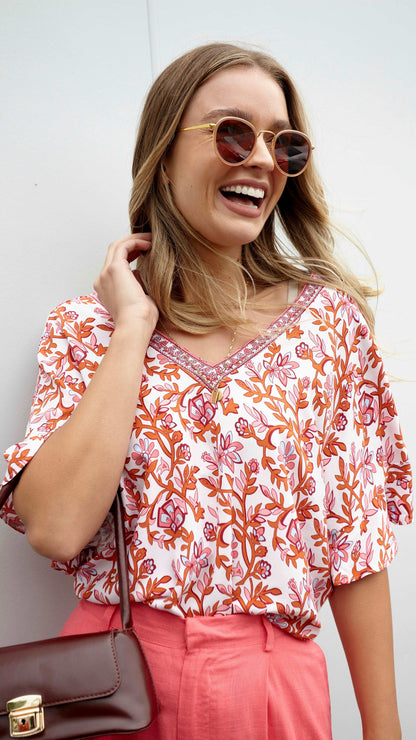 **NEW** Ashley V-Neck Top: Elevate your casual chic with the Ashley V-Neck Top! Designed for a relaxed fit, this top features a flattering V neckline and playful fluted short sleeves for a tou - Ciao Bella Dresses - Sass Clothing