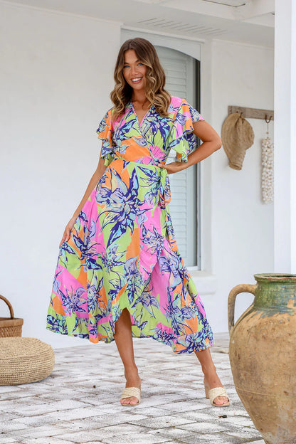 *NEW* Ava Wrap Midi Dress: Introducing the Ava Wrap Dress in the new Lime Print, perfect for adding a fresh pop of colour to your wardrobe! This signature silk blend dress is bright and bold,  - Ciao Bella Dresses - Lily T Collection
