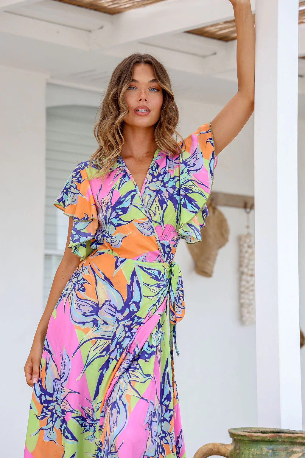 ***NEW*** Ava Wrap Midi Dress: Introducing the Ava Wrap Dress in the new Lime Print, perfect for adding a fresh pop of color to your wardrobe! This signature silk blend dress is bright and bold, m - Ciao Bella Dresses 