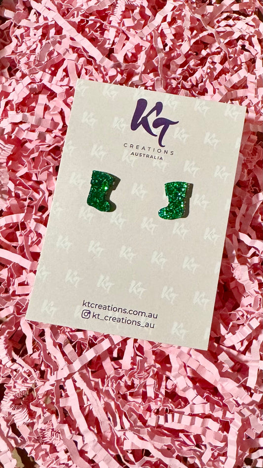 KT Christmas Acrylic Stud Earrings - Green Stockings