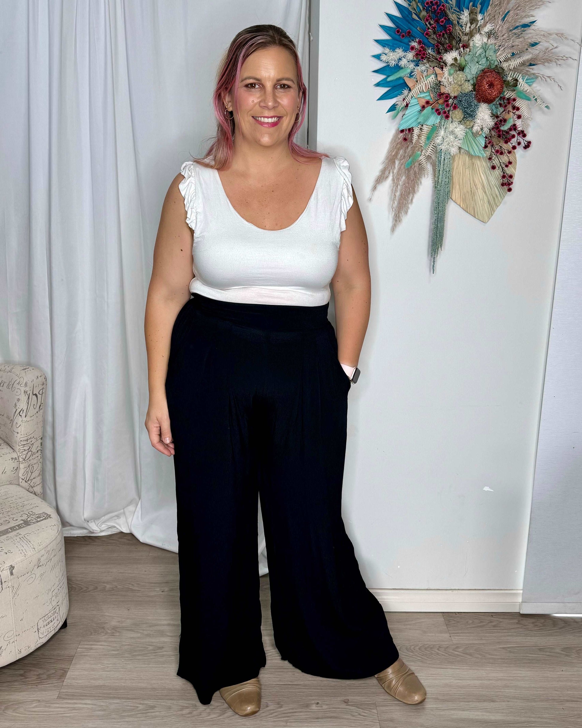 *NEW* Bonnie Pants | Bee Maddison | The Bee Maddison Bonnie Pants in black are a beautifully cut wide leg pant, elevated by the viscose fabrication. Every detail has been considered including the flatt