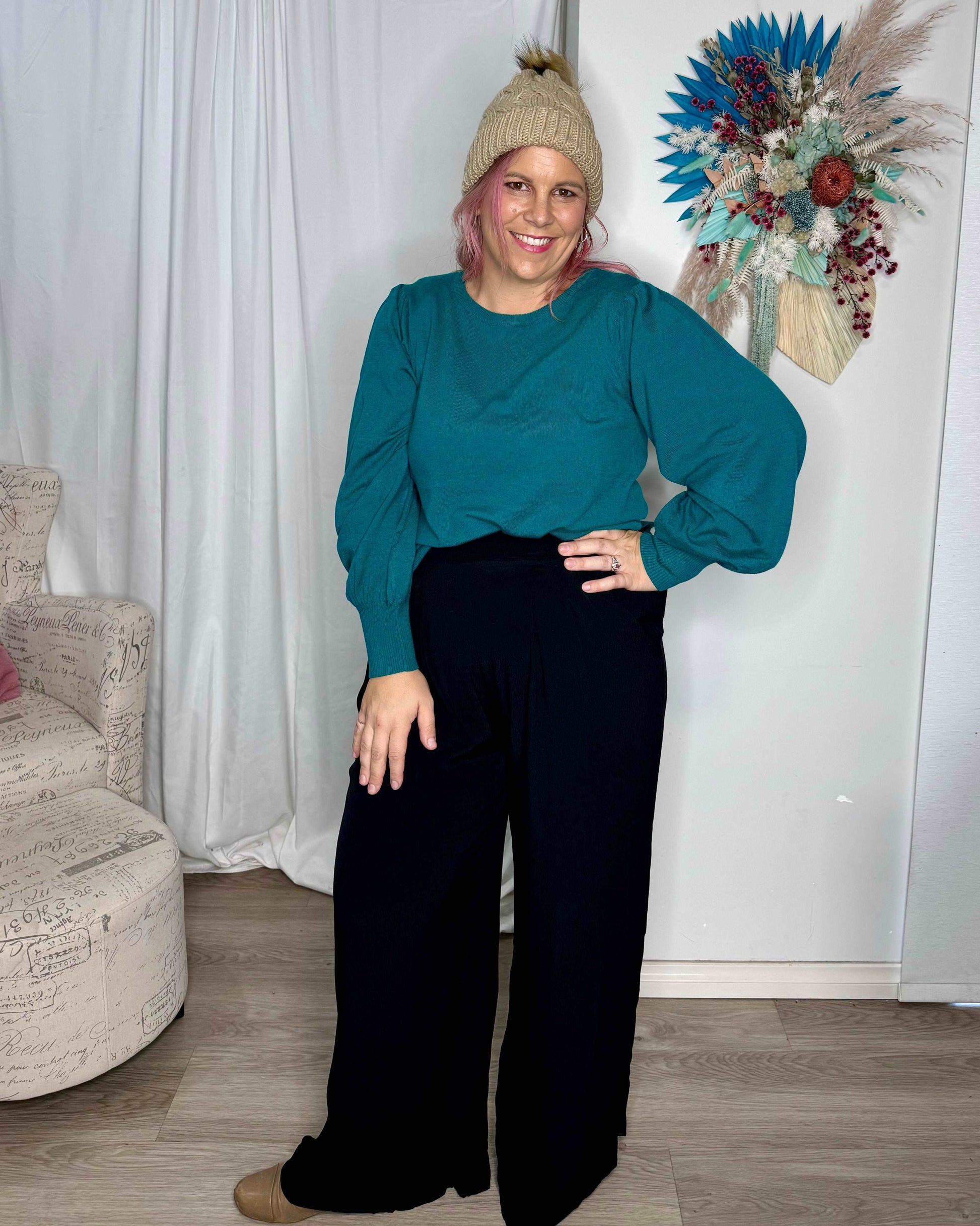 **NEW** Charlotte Knit Jumper - Teal | Betty Basics | This relaxed fit jumper features a crew neckline and unique balloon sleeves, perfect for adding some pizazz to your autumn wardrobe. Made from the softest material, 