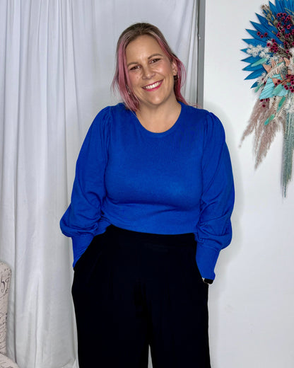 Charlotte Knit Jumper - Royal Blue | Betty Basics | This relaxed fit jumper features a crew neckline and unique balloon sleeves, perfect for adding some pizazz to your autumn wardrobe. Made from the softest material, 