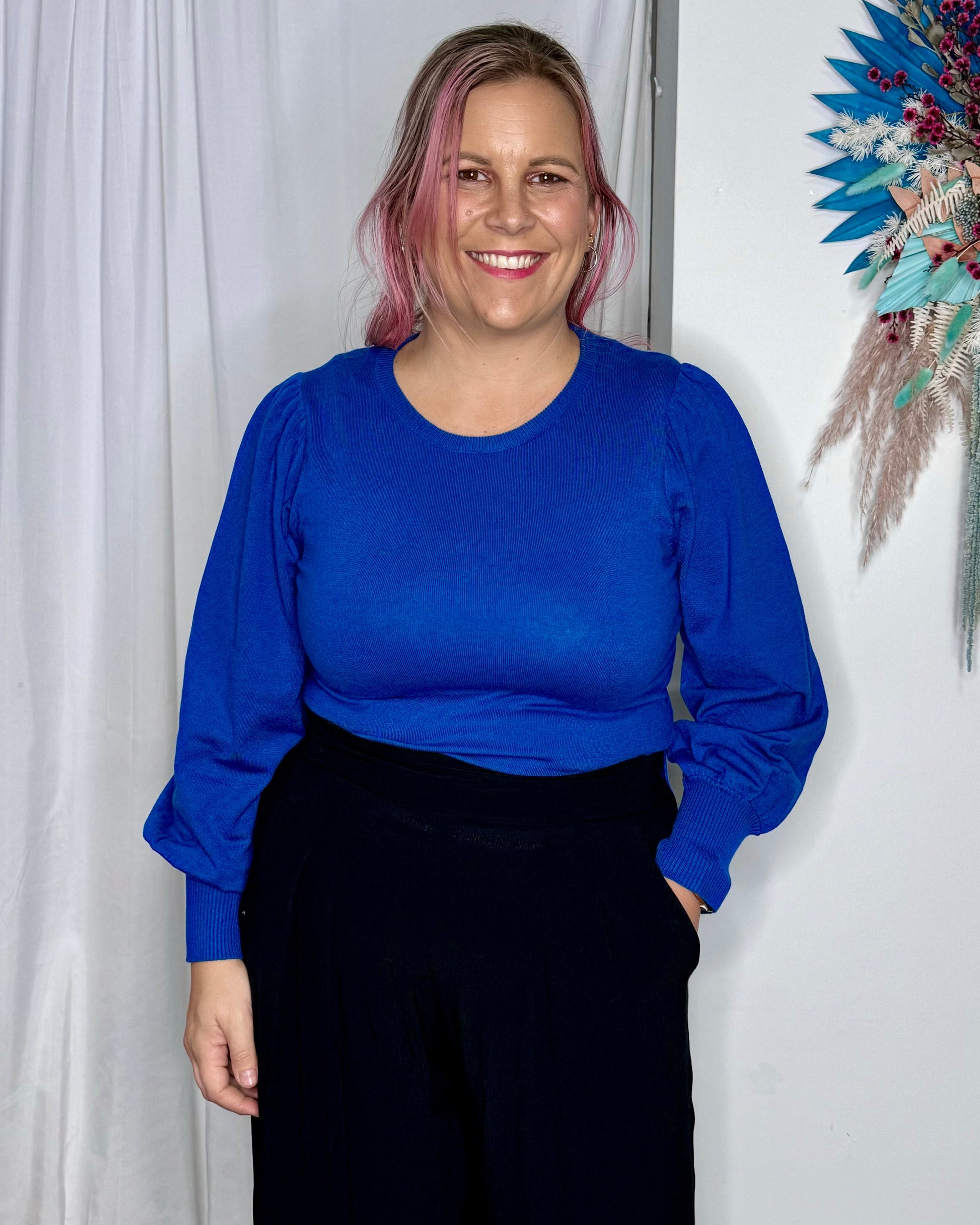 Charlotte Knit Jumper - Royal Blue | Betty Basics | This relaxed fit jumper features a crew neckline and unique balloon sleeves, perfect for adding some pizazz to your autumn wardrobe. Made from the softest material, 